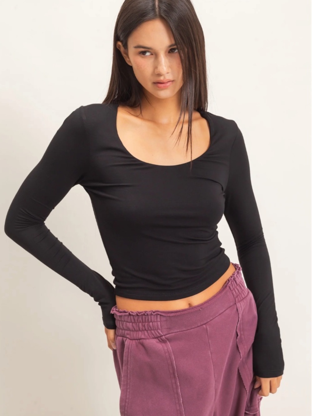 NEW 🖤 Double Zero Black Scoop Neck Long Sleeve Top – Medium